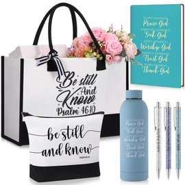Shinylin Blue 7 Pcs Christian Gift for Women Faith, Inspirational Religious Bible Verse Gifts, Catholic Tote Bag Makeup Bag Pens