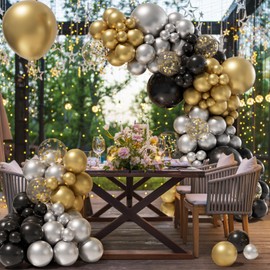 Bonropin 152pcs New Years Balloons Arch Garland Kit, New Years Eve Party Supplies 2025 - Black, Gold, Silver Balloons, Gold Confetti Balloons for Wedding Graduation Birthday Party New Year Decoration