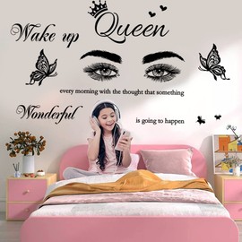 Inspirational Quote Wall Decal Wake up Every Morning with The Thought That Something Wonderful is Going to Happen Vinyl Beauty Eyes Wall Sticker Removable Motivational Art Letters Queen Decals for