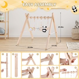 Wooden Baby Play Gym with Mat, Foldable Activity Gyms with 6 Hanging Sensory Toys for Infant Baby Girl and Boy, Newborn Shower Gift (Elephant)