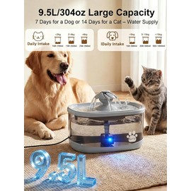 Kastty 9.5L Dog Water Fountain for Large Dogs,2.5Gal Large Capacity Pet Water Fountain with 3 Flow Modes, Automatic Quite Dog Water Bowl Dispenser with Water Window & LED,Easy to Clean(FS82,Grey)