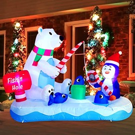 6 FT Long Inflatable Fishing Hole Sign with Polar Bear Fishing with Build-in LEDs Blow Up Inflatables for Christmas Party Garden Decorations