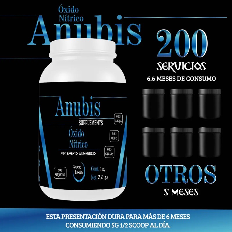Óxido Nítrico Polvo Anubis 1kg Pre Entreno 200 Servicios Limón