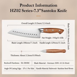 HEZHEN Santoku Chef Knife-7.3 inch Blade German DIN 1.4116 Stainless Steel-Full Tang-Red Wood Handle