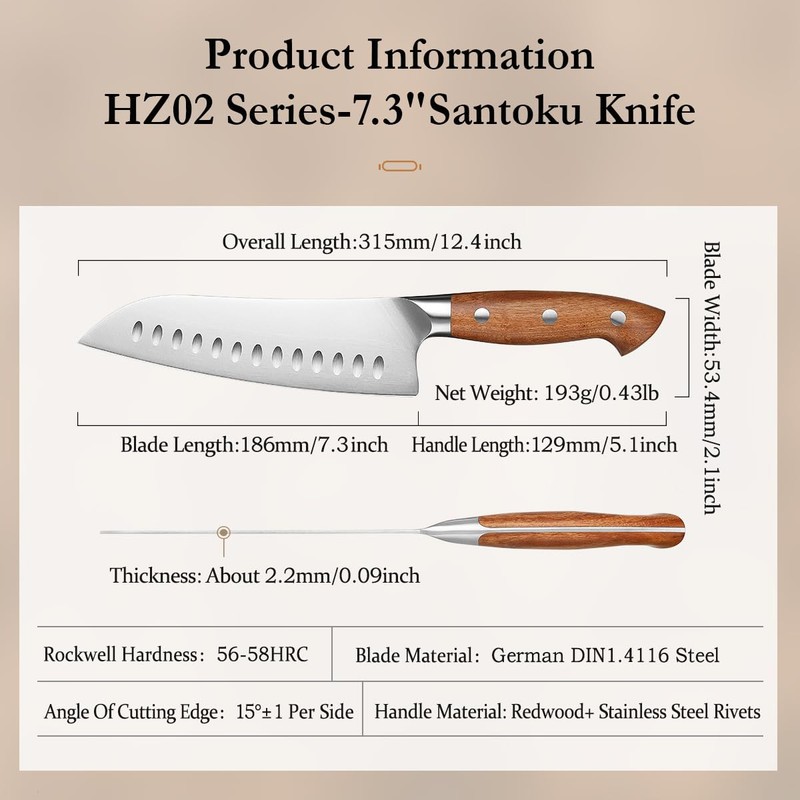 HEZHEN Santoku Chef Knife-7.3 inch Blade German DIN 1.4116 Stainless