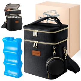 Breast Milk Cooler Bag with Ice Pack, Breastmilk Cooler Travel Bag Fits 6 Bottles up to 9 oz, Double Layer Insulated Baby Bottle Cooler & Breast Pump Storage Bag for Working Nursing Moms, Black