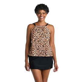 Maxine Of Hollywood Women's Standard High Neck Tankini Swimsuit Top, Natural//Lavish Lady Leopard