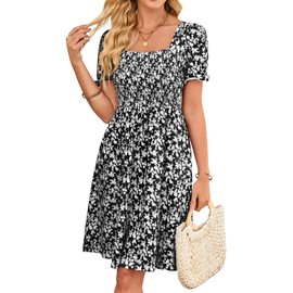 Naggoo Summer Dresses for Women Boho Floral Print Short Sleeve Beach Dress Smocked Ruffle Mini Dress with Pockets Black S