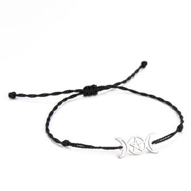 EUEAVAN Triple Moon Goddess Pentagram Star Wax thread Bracelet Amulet Pentagram Religion Bangle Stainless Steel Jewelry Symbol Witchcraft Gifts For Women Girls (black)