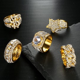 Sanfenly Iced Out Rings for Men Bling Fake Diamond Costume Pinky Rings Chunky Gold 80s 90s Hip Hop Rings Star Cuban Chain Square US Dollar Sign Cool Rapper Ring Fashion Cosplay Man Jewelry Ring Set