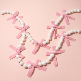 2Pcs Pink Bow Garland Felt Banner | Pink Bowknot Tie with White Pom Pom Balls Garland for Birthday Bachelorette Party Baby Shower Engagement Anniversary Bow Party Decor(Felt,2.5m)