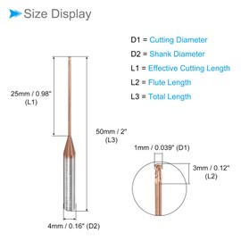 CoCud Square Nose End Mill, 1mm x 25mm Cutting, Long Reach Titanium (Nano-Scale) Coated Carbide 2 Flutes CNC Router Bits - (Applications: for Stainless Steel Cast Iron Metal)