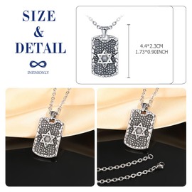 INFINIONLY Men's Square Chain Pendant Stainless Steel Creative Dog Tag Necklace with Hexagram Vintage Star of David Pendant with 55 cm Chain Religious Amulet Jewellery Hip Hop Decoration, Stainless