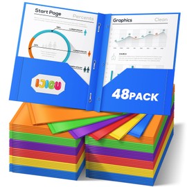 IJIGU 48 Packs 2 Pocket Folders with 3 Prongs Fastener Clasps, Bulk Heavy Duty Plastic Folders, Multicolor Files Folders in 6 Colors for School and Office