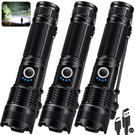 KINGCAESAR 3 Pack Flashlights High Lumens - 90,000 Lumen Super Bright Rechargeable Flashlight with 5 Light Modes, High Powered 5000 ɱAh LED Flash Light for Home, IPX7 Waterproof for Camping