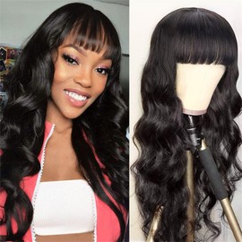 HISECOO Black Mixed Brown Wig for Black Women 26 Inch Short Wavy Hair Wigs Curly with Bangs Wig Shoulder Length Wigs for Black Women Style Synthetic Heat Resistant