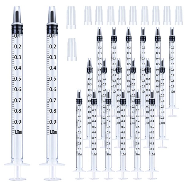 20 Pack 1ml Syringe with Cap for Liquid, 1cc Plastic Small Syringes with Cover, Non-Sterile, No Needle