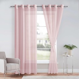 DWCN Blush Pink Sheer Curtains with Tiebacks Semi Transparent Voile Grommet Curtains Elegant Window Curtains for Bedroom and Living Room,2 Panels,W52 x L96