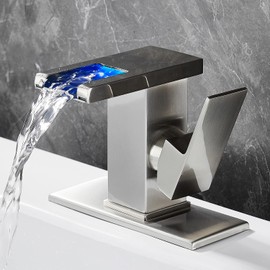 Y-Garhe Waterfall Bathroom Faucet, LED Faucet Waterfall, Brushed Nickel Bathroom Faucet, Single Hole Bathroom Faucet, Waterfall Bathroom Sink Faucet, Bathroom Faucet with LED Light