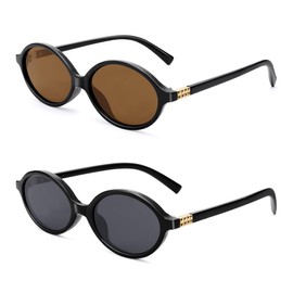 NULOOQ Retro Oval Sunglasses for Women 90s Trendy Vintage Small Round Sunnies Shades (Black/Brown + Black/Gray) - 2 Pack