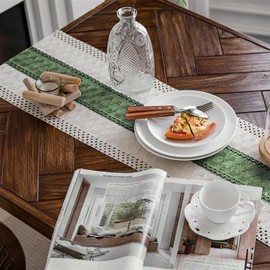 Weldomcor Macrame Table Runner Cream Beige and Green Boho Table Runner with Tassels Hand Woven Cotton Table Runner Rustic Farmhouse Table Runner for Bohemian Kitchen Dining Table 30 x 180 cm