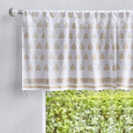 Saffron Marigold Hand Printed Valance Curtain with Beaded Trim, White Bridal Veil - Perfect for Kitchen, Bedroom, Bathroom Fair Trade, 100% Cotton Voile, Light Filtering 44x17 in
