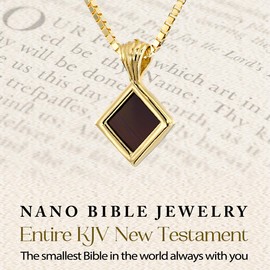 Christian Pendant with Smallest Nano Bible - on Gold Plated Silver Dainty Square Rhombus Necklace Entire KJV New Testament Holy Scriptures on 0.2" Microchip, Religious Faith Jewelry for Her, 18"