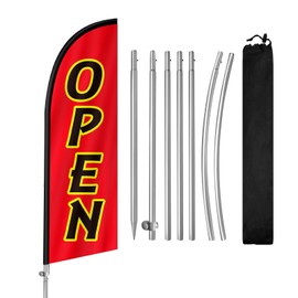 QSUM 8FT Open Signs for Business, Eye Catching Advertising Open Banner with Stainless Steel Flagpole, Ground Stake and Polyester Flag (Red & Black)