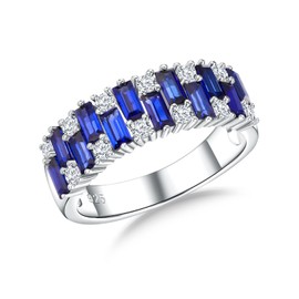 RANDES Sapphire Rings for Women Men Emerald Cut Eternity Band 925 Sterling Silver Band Blue Stone September Birthstone Ring Size 9