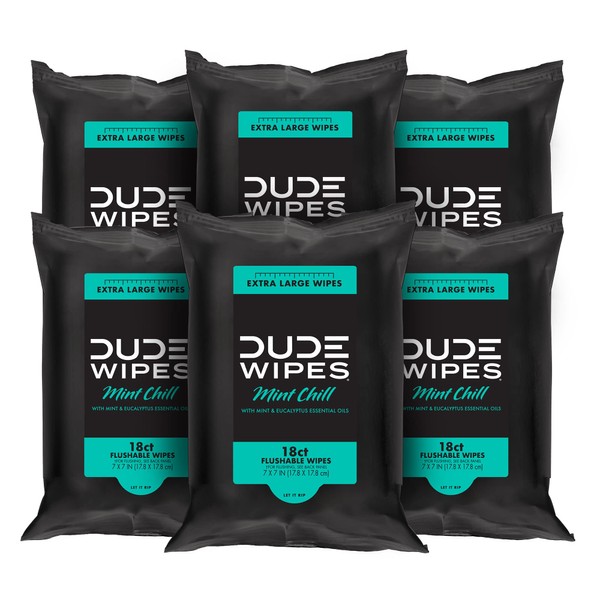 DUDE Wipes - Flushable Wipes Travel Pack - 6 Pack, 108 Wipes - Mint Chill Extra-Large Adult Wet Wipes - Vitamin-E, Aloe Vera, Eucalyptus, and Tea Tree Oils - Septic and Sewer Safe Butt Wipes