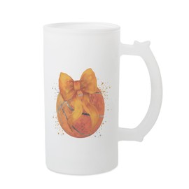 Elanze Designs Sports Freezable Beer Stein Mug With Thumb Grip Handle 16 Ounce Frosted Glass, Glitzy Glam Disco Basketball Gray Splatter With Orange Coquette Bow