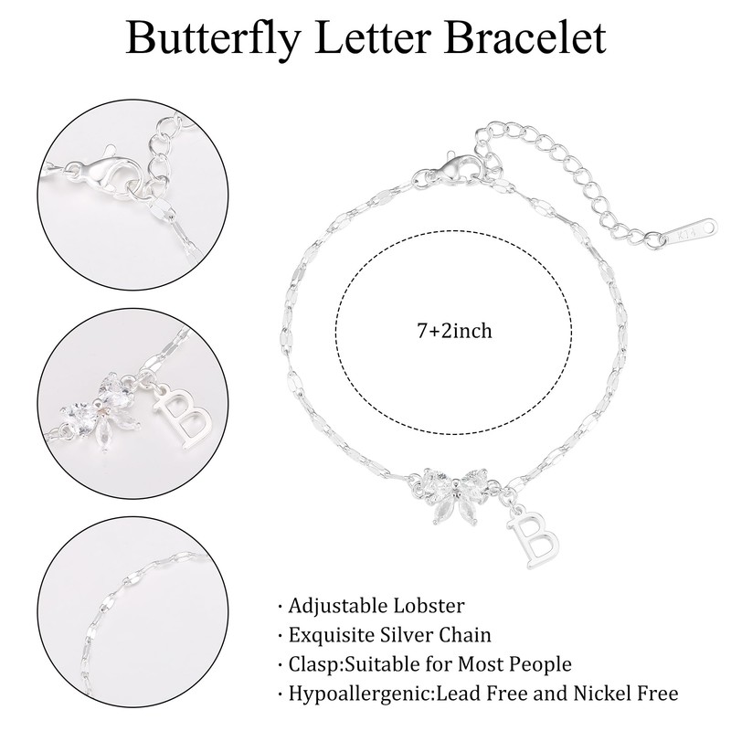 Initial Bracelets for Women Girls Sterling Silver Bufferfly Bracelets