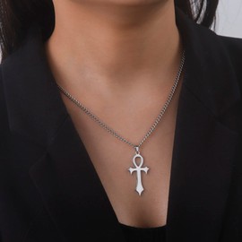 VASSAGO Ankh Cross Necklace for Men Women Stainless Steel Coptic Religious Pendant Necklace Dainty Cross Faith Pendant Necklace Hieroglyphic Symbols Necklace (sliver)