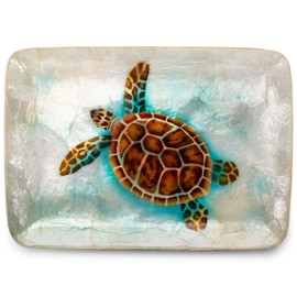Cottage Garden Hand Painted Iridescent Capiz Shell Rectangular 8 x 5.5 inch Decorative Trinket Jewelry Ring Dish Table Top Desk Organizer Tray, Blue Ocean Sea Turtle