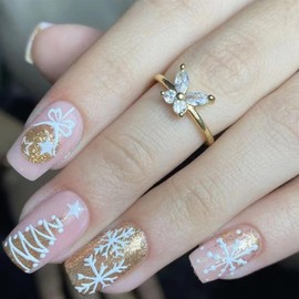 24Pcs Christmas Press on Nails Medium Square Fake Nails Glitter Gold Snowflake Glue on Nails Xmas Tree Design Christmas Nails Winter False Nails Pink Artificial Nails for Women Acrylic Nails Supplies