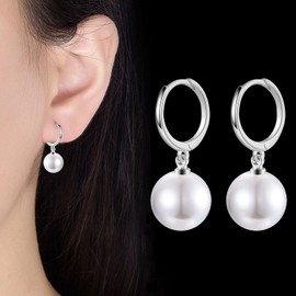 Sterling Silver Hoop Earrings with Dangly Pearl, Drop Hoop Earrings for Women Girls│Hypoallergenic Round Teardrop Pearl Dangle Earring for Christmas Anniversary