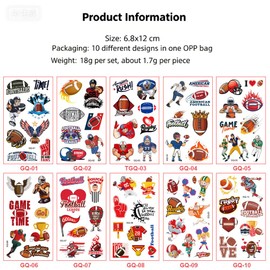 American Football Tattoos Temporary Assorted Designs Waterproof Cartoon Football Player Helmet Rugby Sports Fake Tattoos Stickers Holiday Game Day Face Tattoo for Kids Boys Teen Fans 10Sheets