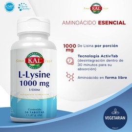 KAL L-Lysine 1000 mg/Aminoácido L-Lisina/ 50 Tabletas, Vegetariano, Tecnología ActivTab™ (absorción en 30 min), Aminoácido en forma libre