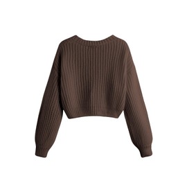 GORGLITTER Women's Button Up Cropped Cardigan Sweaters Chunky Long Sleeve V Neck Fall Coquette Cardigans, Brown, Large