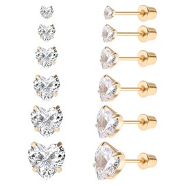 6 Pairs Surgical Stainless Steel Screw back Stud Earrings, 18K Gold Plated Heart Square Princess Cut Round Cubic Zirconia CZ Stud Earrings Set (Gold heart screw back)