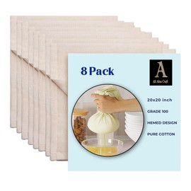 Premium Cheesecloth Grade 100 – 100% Unbleached Cotton Muslin with Overlocked Edges Reusable Strainer for Cooking, Baking, Juicing & Cheese Making (8 Pieces - 20"x20" inches)