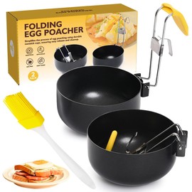 2 Pack Egg Poacher Pan, Non-Stick Poached Egg Maker, Stainless Steel Poached Egg Pan, Collapsible Hang Ear Egg Poacher, Egg Boiler Egg Rings Egg Boilers with Oil Brush
