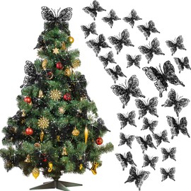 Jutom 36 Pcs Christmas Tree Butterfly Decorations 3 Sizes 3D Glitter Hollow Butterfly Ornaments Hanging Butterfly Wall Decor with Clips and Stems for Christmas Tree Wreaths Decor (Black)