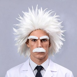 White Mad Scientist Wig with Moustache&Eyebrows Short Funny White Crazy Scientist Cosplay Wig Set for Men Halloween Party Costume