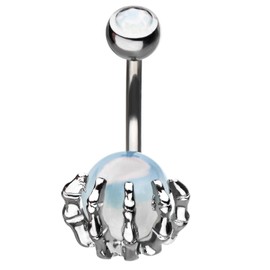 Pierced Owl Skull Hand with Crystal Orb Belly Button Ring in 316L Stainless Steel