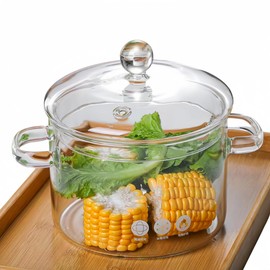 CAFEZAYO Glass Simmer Pot with Lid, Clear Glass Saucepan, 1.9L/64OZ, Transparent, Uncoated, Suitable for Stovetop, Includes Two Handles