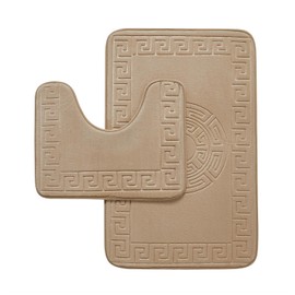 GC GAVENO CAVAILIA Memory Foam Bath Mat Non Slip - Extra Soft Highly Water Absorbent Bathroom Mat Sets 2 Piece - Greek Toilet Rug (50 x 80 cm) & Pedestal Set (50 x 40 cm) - Washable - Natural