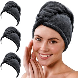 Gräfenstayn Set of 3 Microfibre Hair Turban with 2 Buttons - Turban Towel Quick Drying & Absorbent - Hair Towel Short & Long Hair, Button Head Towel Coral Fleece (Anthracite)