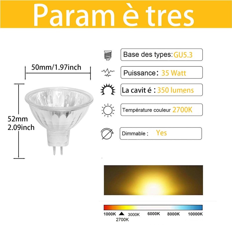 JQslight GU5.3 35W Dimmable Halogen MR16 400LM Warm White 2700K