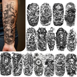 84 Sheets Pirate Temporary Tattoos Adult, 24 Sheets Half Arm Captain Anchor Compass Sailboat Tattoos Large, 60 Tiny Flag Skull Sailor Fake Tattoo for Costume, Cross Arm Tattoos for Men Women Kids